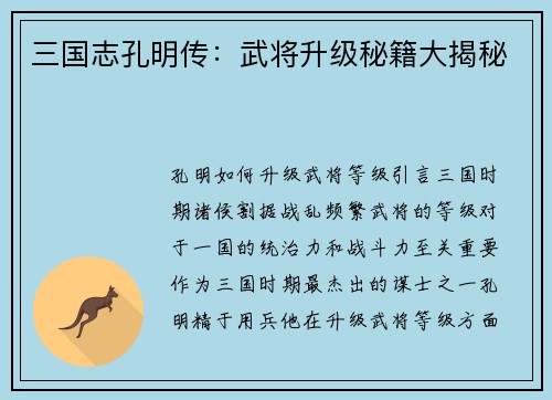三国志孔明传:武将升级秘籍大揭秘