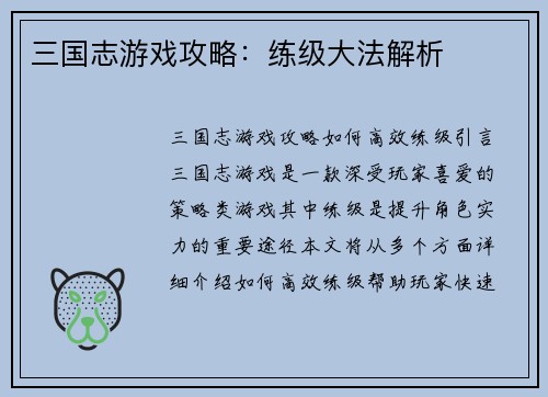 三国志游戏攻略:练级大法解析