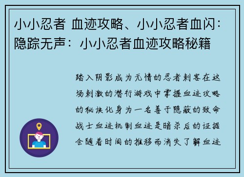 小小忍者 血迹攻略、小小忍者血闪：隐踪无声：小小忍者血迹攻略秘籍